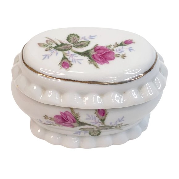 Vintage Trinket Box Pink Rose Ruffle Edge Gold Trim Jewelry Ring Coin Catch All - Picture 6 of 8